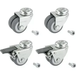 Proroll Set Doppelrollen aus thermoplastischen Gummireifen, 4 Lenkrollen davon 2 mit Doppelstopp, mit Rückenloch, Rad-Ø x Breite 50 x 19 mm, Gleitlager