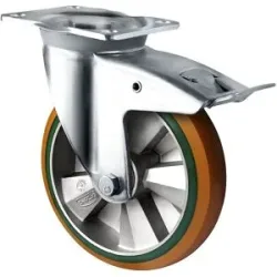 kaiserkraft PU-/PU-Elastik-Reifen, braun / grün, Rad-Ø x Breite 200 x 50 mm, ab 2 Stk, Lenkrolle mit Doppelstopp