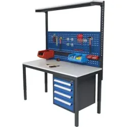 kaiserkraft Komplett-Arbeitsplatz, höhenverstellbar, mit 4 Schubladen, Lochwand, Kästenschiene, Etagenbord, Arbeitshöhe 650 - 900 mm