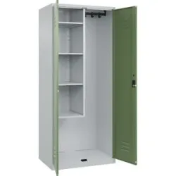Putzmittelspind Classic PLUS, 1 Abteil, Trennwand mittig, verkürzt, lichtgrau / resedagrün, B 800 mm, mit Bodengleitern, Drehriegel C+P