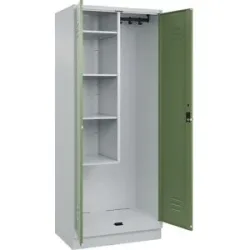 Putzmittelspind Classic PLUS, 1 Abteil, Trennwand mittig, verkürzt, lichtgrau / resedagrün, B 800 mm, mit Bodensockel, Drehriegel C+P