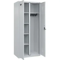 kaiserkraft Putzmittelspind Evolo PLUS, 1 Abteil, Trennwand mittig, lichtgrau, B 800 mm, mit Bodengleitern, Sicherheits-Drehriegel