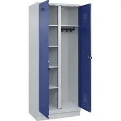 kaiserkraft Putzmittelspind Evolo PLUS, 1 Abteil, Trennwand mittig, lichtgrau / enzianblau, B 800 mm, mit Bodensockel, Sicherheits-Drehriegel