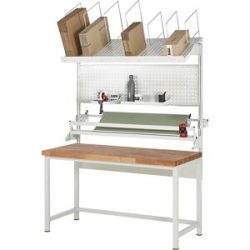 Packtisch komplett, Serie 8000, Set 3 mit Lochplatte, Schneidgerät, Abrolleinheit, BxT 2000 x 900 mm, Buchenplatte RAU