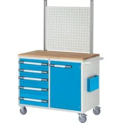 Kompaktwerkbank, fahrbar, 5 Schubladen, 1 Tür, HxB 1675 x 1145 mm, lichtgrau / lichtblau eurokraft pro