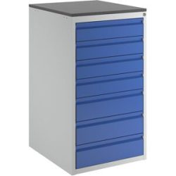 Schubladenschrank mit Teleskopführungen, Höhe 1030 mm, Schubladen 4 x 120, 3 x 150 mm, lichtgrau / enzianblau, Breite 580 mm RAU