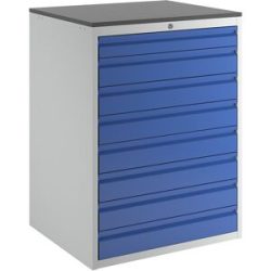 Schubladenschrank mit Teleskopführungen, Höhe 1030 mm, Schubladen 1 x 90, 7 x 120 mm, lichtgrau / enzianblau, Breite 770 mm RAU