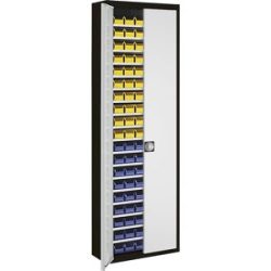 Magazinschrank mit Sichtlagerkästen, HxBxT 2150 x 680 x 280 mm, zweifarbig, Korpus schwarz, Türen grau, 114 Kästen mauser