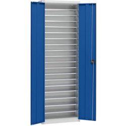 Materialschrank aus Stahlblech, Höhe 2000 mm, lichtgrau RAL 7035 / enzianblau RAL 5010, 18 Böden eurokraft pro