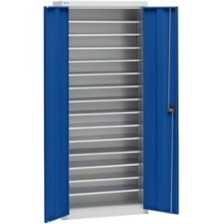Materialschrank aus Stahlblech, Höhe 1575 mm, lichtgrau RAL 7035 / enzianblau RAL 5010, 14 Böden eurokraft pro