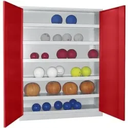 Ball-Flügeltürschrank, Höhe 1950 mm, mit Vollblech-Türen, Breite 1500 mm, grau / rot Pavoy