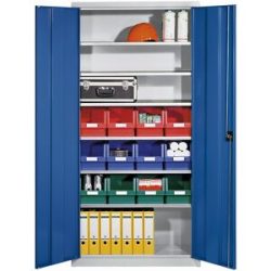 Materialschrank aus Stahlblech, mit 12 Sichtlagerkästen, lichtgrau RAL 7035 / enzianblau RAL 5010 eurokraft pro