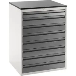 Schubladenschrank mit Teleskopführungen, Höhe 1030 mm, Schubladen 1 x 90, 7 x 120 mm, lichtgrau / anthrazit, Breite 770 mm RAU