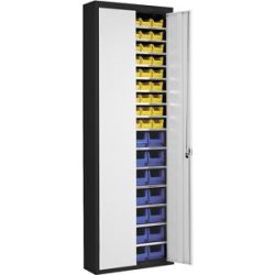 Magazinschrank mit Sichtlagerkästen, HxBxT 2150 x 680 x 280 mm, zweifarbig, Korpus schwarz, Türen grau, 82 Kästen mauser