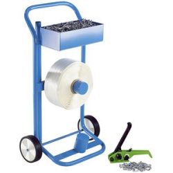 kaiserkraft Umreifungs-Set, PET-Kraftband gewebt, Spanngerät, fahrbarer Abroller, Band, Metallklemmen, Bandbreite 25 mm