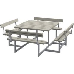 kaiserkraft Gruppensitzbank für 8 Personen, Nadelholz, LxT 2240 x 2240 mm, mit Lehne, graubraun