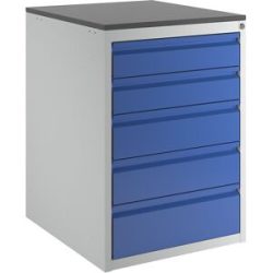 Schubladenschrank mit Teleskopführungen, Höhe 820 mm, Schubladen 2 x 120, 2 x 150, 1 x 180 mm, lichtgrau / enzianblau, Breite 580 mm RAU