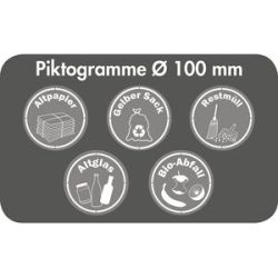 kaiserkraft Piktogramm-Set, Ø 100 mm, deutsch, mit Symbolen und Begriffen, weiß