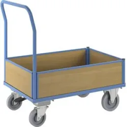 Plattformwagen mit Holzwänden, mit 4 halbhohen Wänden, Zentralstopp, LxB 1100 x 700 mm, Vollelastik eurokraft pro