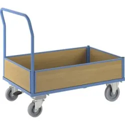 Plattformwagen mit Holzwänden, mit 4 halbhohen Wänden, Zentralstopp, LxB 1300 x 800 mm, Vollelastik eurokraft pro