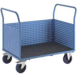 Plattformwagen, mit 3 hohen Lochblechwänden, LxB 1250 x 800 mm, Vollelastik eurokraft pro