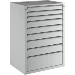 Schubladenschrank, BxT 910 x 675 mm, Schubladentraglast 100 kg, 9 Schubladen, Höhe 1280 mm, Front lichtgrau ANKE
