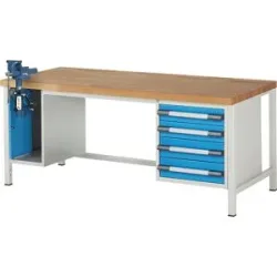 Werkbank, Gestellbauweise Serie 8000, 4 Schubladen: 2 x 120, 2 x 150 mm, 1 Schraubstock (Klapp-Lift), BxT 2000 x 900 mm eurokraft pro