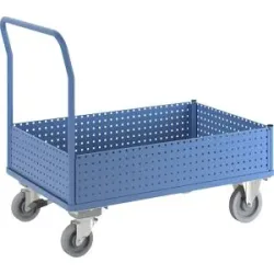 Plattformwagen, mit 4 halbhohen Lochblechwänden, LxB 1250 x 800 mm, mit Zentralstopp, Vollelastik eurokraft pro