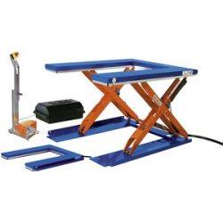 Flachform-Hubtisch, LxB 1450 x 1085 mm, Hubbereich bis 800 mm, Plattform U-Form, 400 V, Fuß-Bedienelement Edmolift