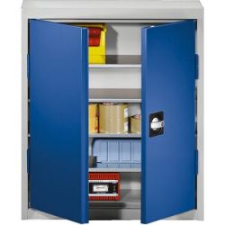 Materialschrank aus Stahlblech, Höhe 780 mm, lichtgrau RAL 7035 / enzianblau RAL 5010, 4 Böden eurokraft pro