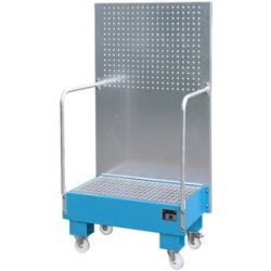 Fahrbare Auffangwanne mit Lochplattenwand, 2 x 60-l-Fass stehend nebeneinander, LxBxH 570 x 890 x 1685 mm, lichtblau eurokraft pro