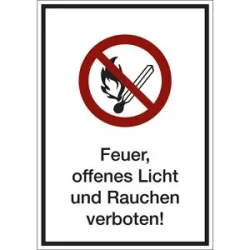 kaiserkraft Kombizusatzschild mit Text für Verbotszeichen, Feuer, offenes Licht und Rauchen verboten, VE 10 Stk, Folie, LxHxT 130 x 185 x 0,1 mm