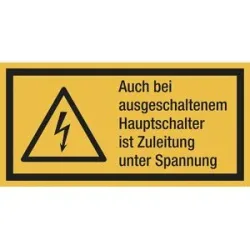kaiserkraft Kombischilder mit Text für Warnkennzeichen, Auch bei ausgeschaltetem Hauptschalter ist Zuleitung unter Spannung, VE 10 Stk, Folie, LxH 131 x 65 mm