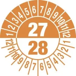 kaiserkraft Prüfplakette, Mehrjahreszahlen, Dokumentenfolie, Ø 25 mm, VE 10 Stk, 27/28, orange