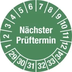kaiserkraft Mehrjahresplakette, Nächster Prüftermin, Dokumentenfolie, Ø 20 mm, 29 - 34, grün