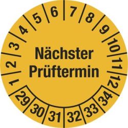 kaiserkraft Mehrjahresplakette, Nächster Prüftermin, Dokumentenfolie, Ø 20 mm, 29 - 34, gelb