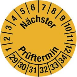 kaiserkraft Kabelprüfplakette, Mehrjahreszahlen, gelb, Folie, LxH 25 x 95 mm, VE 10 Stk, 2029 - 2034