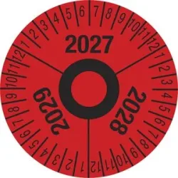 kaiserkraft Prüfplakette, Mehrjahreszahlen, rot, Folie, Ø 40 mm, VE 10 Stk, 2027 - 2029