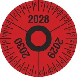 kaiserkraft Prüfplakette, Mehrjahreszahlen, rot, Folie, Ø 40 mm, VE 10 Stk, 2028 - 2030