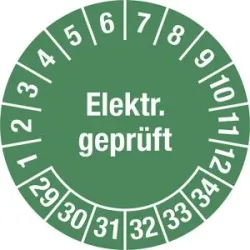 kaiserkraft Elektr. geprüft, Dokumentenfolie, Ø 30 mm, VE 10 Stk, 29 - 34, grün