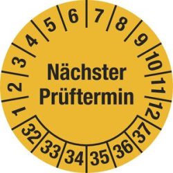kaiserkraft Mehrjahresplakette, Nächster Prüftermin, Dokumentenfolie, Ø 20 mm, 32 - 37, gelb