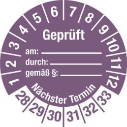 kaiserkraft Geprüft/Nächster Termin, Dokumentenfolie, Ø 30 mm, VE 10 Stk, 28 - 33, violett