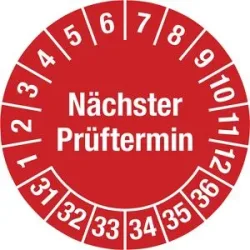 kaiserkraft Prüfplakette, Mehrjahreszahlen, sicherheitsgestanzte Folie, Ø 30 mm, VE 10 Stk, 31 - 36, rot
