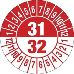 kaiserkraft Prüfplakette, Mehrjahreszahlen, Dokumentenfolie, Ø 25 mm, VE 10 Stk, 31/32, rot