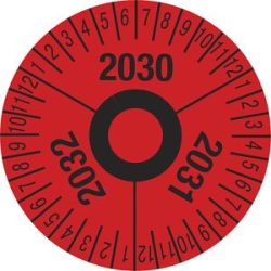 kaiserkraft Prüfplakette, Mehrjahreszahlen, rot, Folie, Ø 40 mm, VE 10 Stk, 2030 - 2032