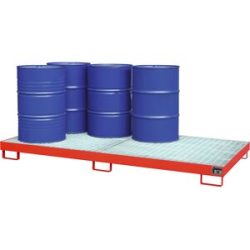 Stahl-Auffangwanne, Auffangvolumen 240 l, für 8 x 200-l-Fässer, lackiert rot RAL 3000, mit Gitterrost eurokraft pro