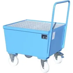 Fahrbare Stahl-Auffangwanne mit Randprofilierung, für 200-l-Fass, 1 x stehend, LxBxH 870 x 800 x 1110 mm, blau RAL 5012 eurokraft pro