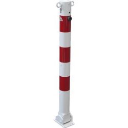 Absperrpfosten, Ø 76 mm, weiß / rot, klappbar mit Profilzylinder, mit 2 Ösen Schake