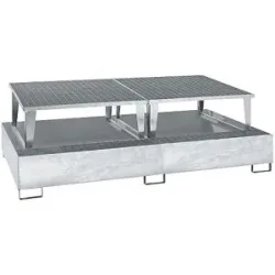 Stahl-Auffangwanne für Tankcontainer IBC / KTC, LxBxH 2650 x 1460 x 865 mm, mit 2 Abfüllaufsätzen, Auffangvolumen 1000 l, feuerverzinkt eurokraft pro