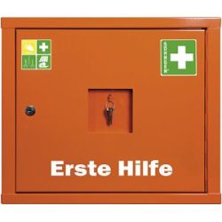 Verbandschrank nach DIN 13157, mit Inhalt, HxB 420 x 490 mm, signalorange, Tiefe 200 mm SÖHNGEN